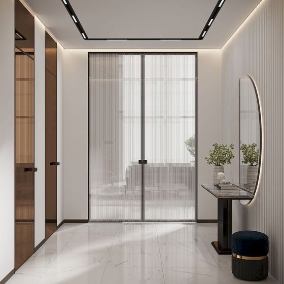 Пенал двустворчатый K-PUSH Profil Doors 1AGN никель стекло узор страйп в интерьере